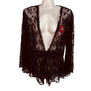 Sexy Vintage Black Sheer Floral Lace Shorts Romper Whimsygoth Medium Vamp Boho